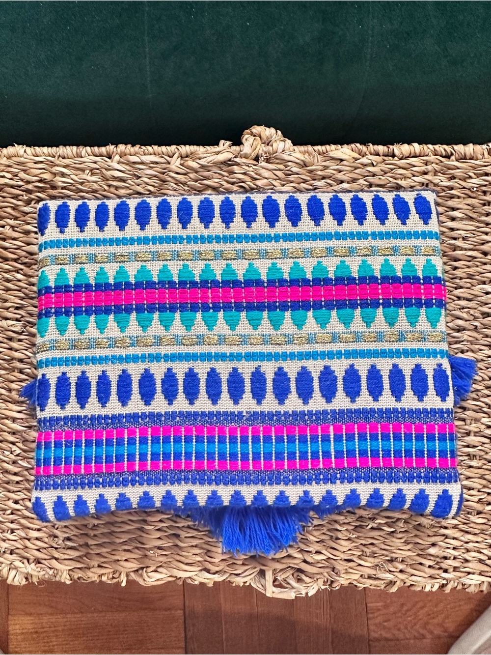 NWOT Boho Tassel Clutch - Blue & Pink Woven Envelope Bag - Picture 2 of 6